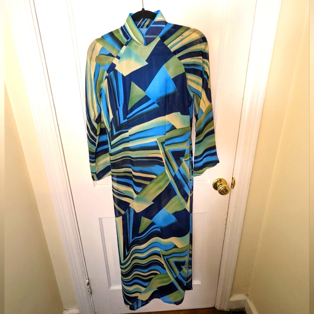 Vintage patterned cheongsam sheer dress